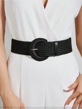 Black Braided Round Buckle Waist Belt - Women Accessories